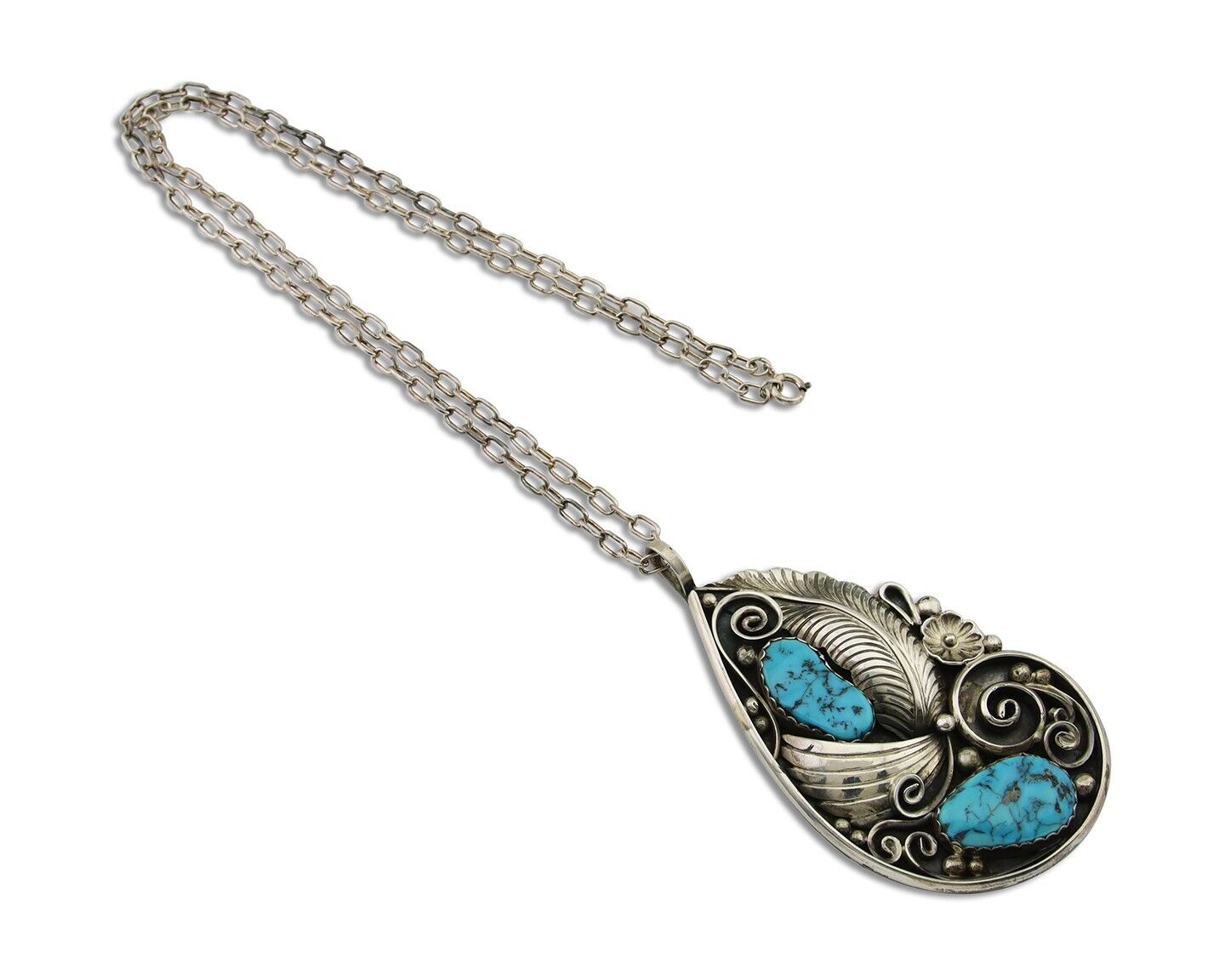 Navajo Necklace 925 Silver Natural Turquoise Artist Signed PM C.80's