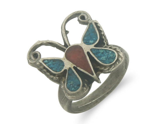 Navajo Ring 925 Silver Inlaid Butterfly Turquoise & Coral C.80's Size 5.0