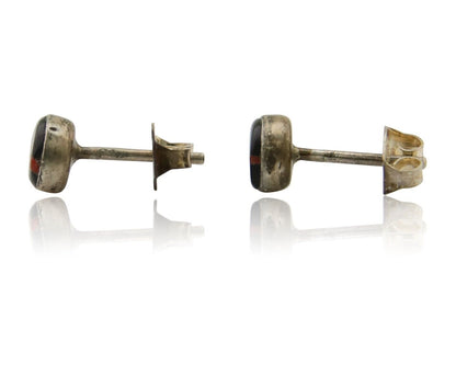 Navajo Earrings 925 Silver Inlaid Natural Onyx & Coral Native Artist C.80's