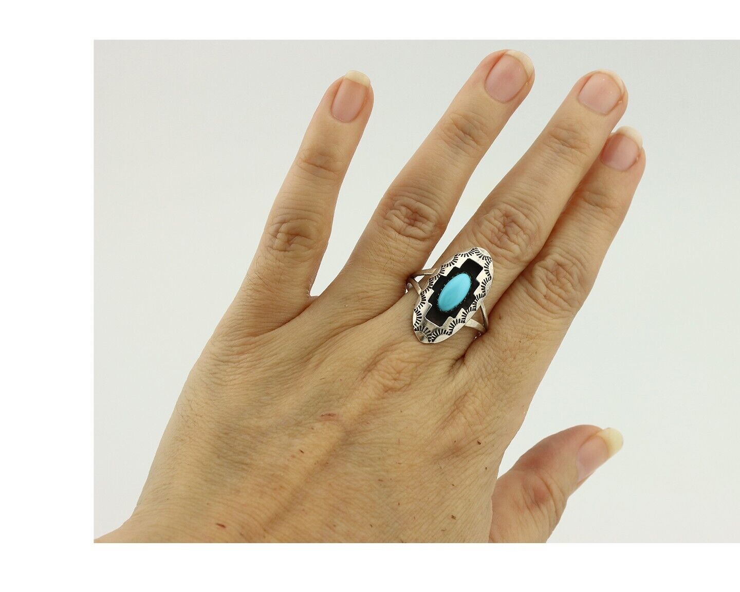 Navajo Ring .925 Silver Sleeping Beauty Turquoise Artist Signed P C.80's