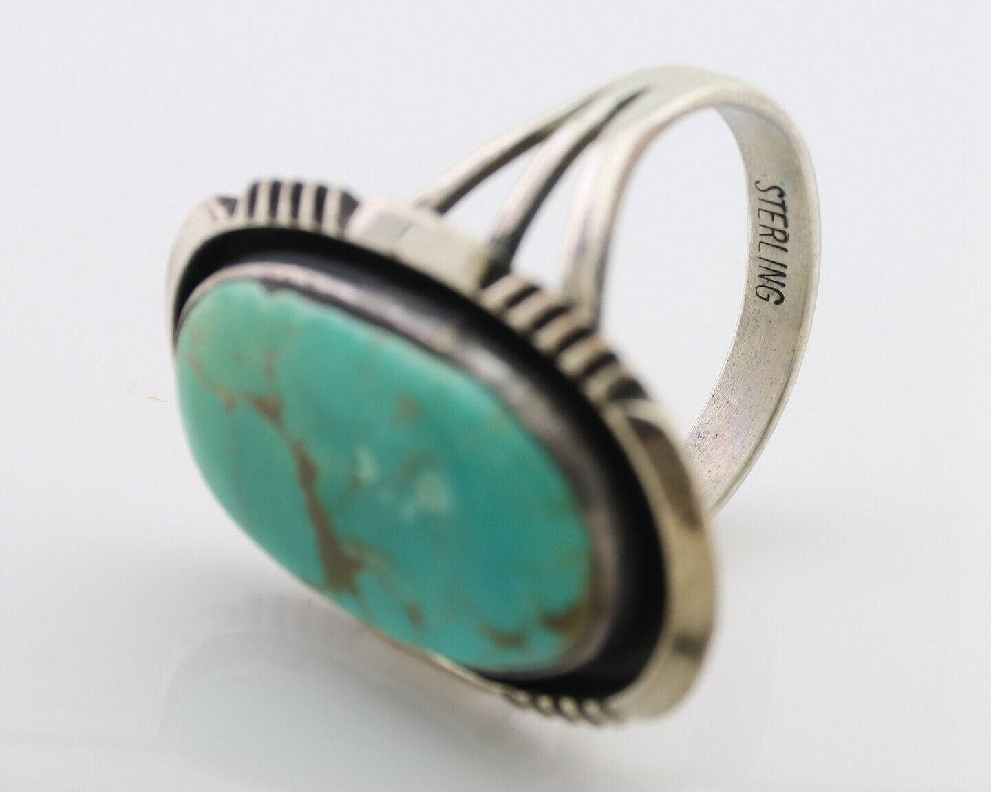 Navajo Ring 925 Silver Kingman Turquoise Native American Artist Size 6.75 C.80's