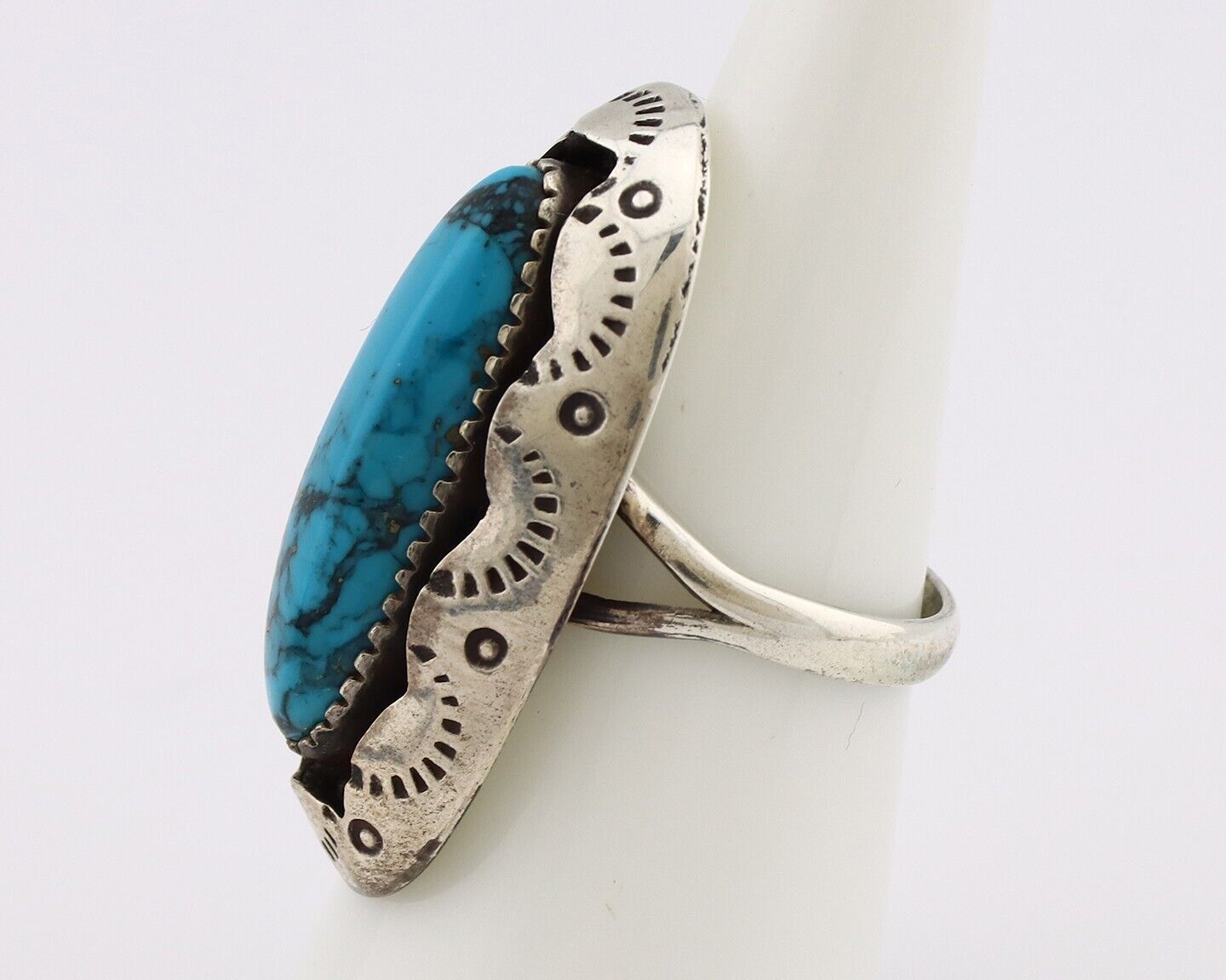 Navajo Ring 925 Silver Blue Spiderweb Turquoise Native American Artist C.80's