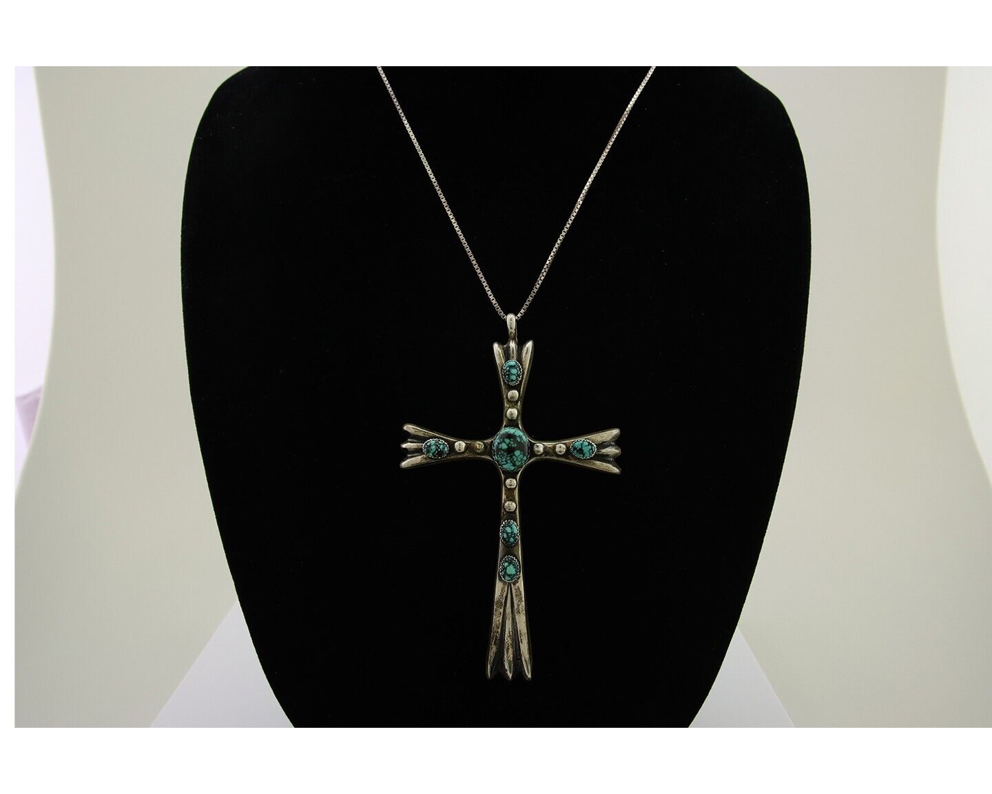 Navajo Sand Cast Cross Pendant 925 Silver Turquoise Signed FJ Begay C.80's