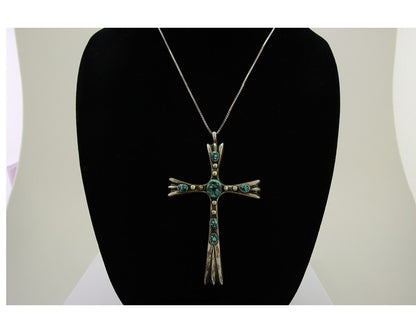 Navajo Sand Cast Cross Pendant 925 Silver Turquoise Signed FJ Begay C.80's