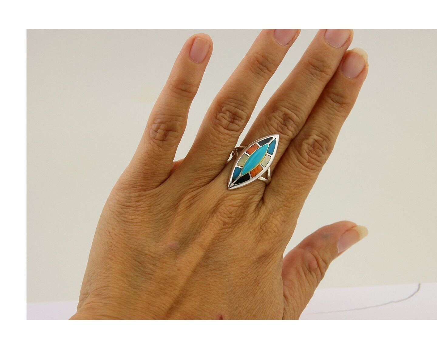 Navajo Ring 925 Silver Turquoise Shell Onyx Spiney Oyster Native Artist C.80's