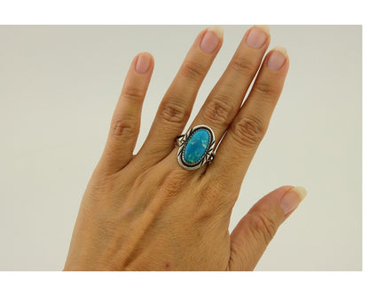 Navajo Ring 925 Sterling Silver Turquoise Artist Signed TALHAT C.80's