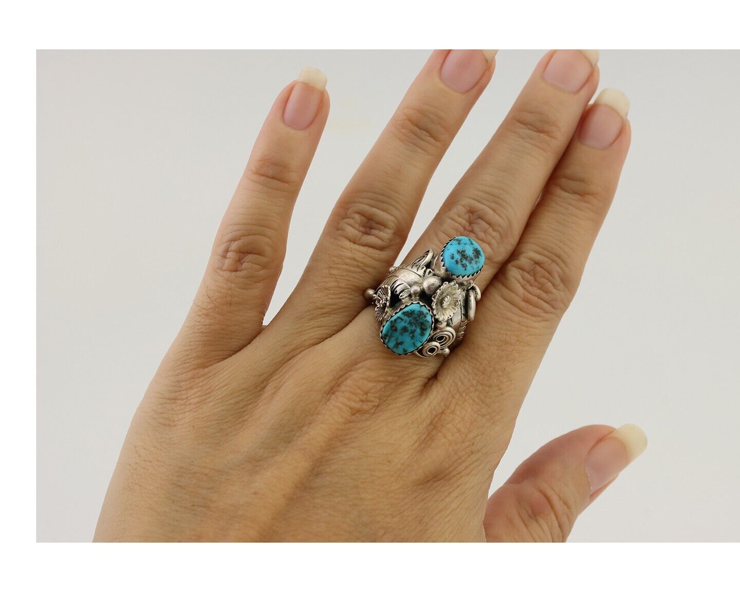 Navajo Handmade Ring 925 Silver Sleeping B Turquoise Artist Signed IHMJ C.80's