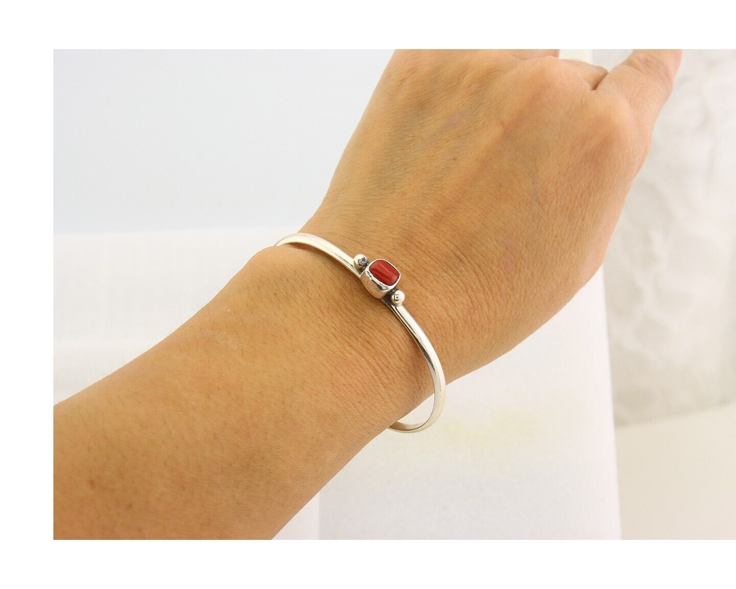 Navajo Bracelet .925 Silver Natural Red Coral Cuff Native American Artist C.80's
