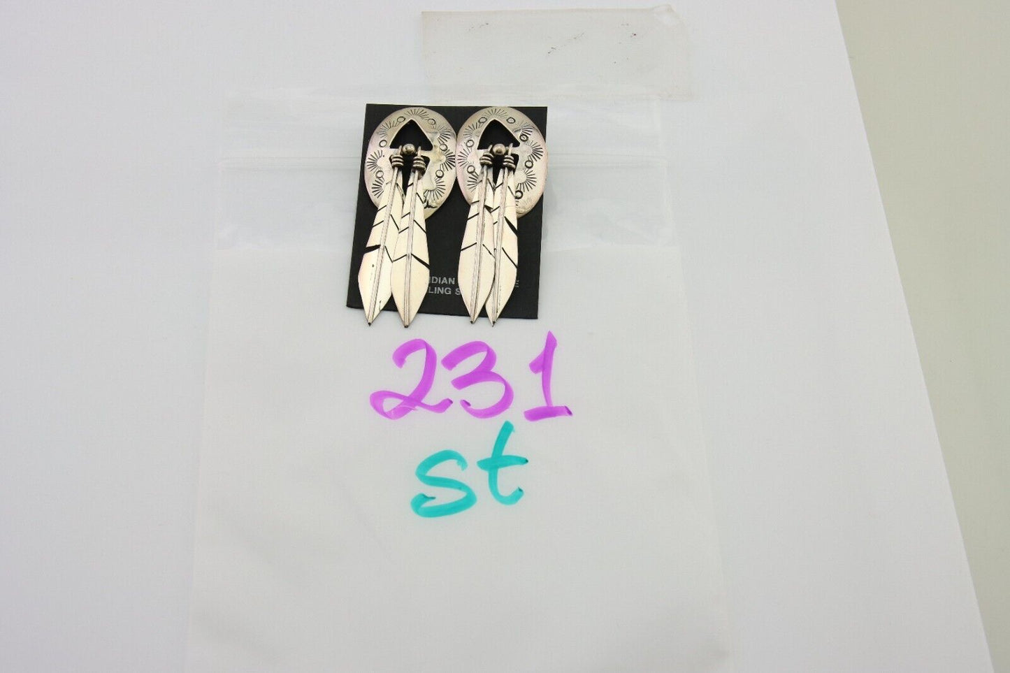 Navajo Feather Earrings 925 Silver Dangle Artist Signed DISHTA C.80's