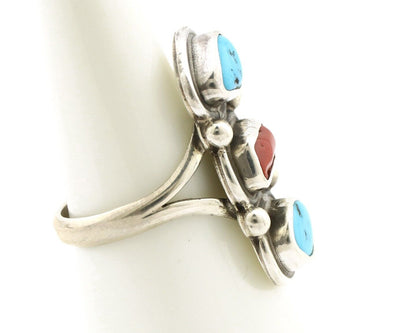 Navajo Ring 925 Silver Sleeping B Turquoise & Coral Native American Artist C.80s