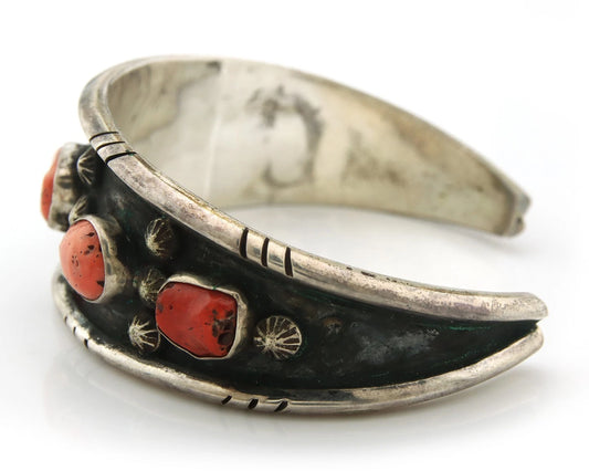 Men Navajo Cuff Bracelet Sterling Silver Natural Coral Signed SM Vintage