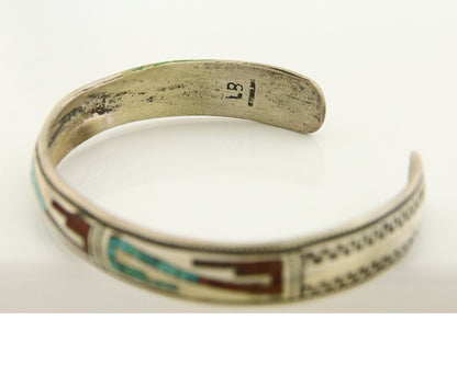 Navajo Bracelet 925 Silver Inlaid Coral & Turquoise Cuff Artist Signed LB C.80's