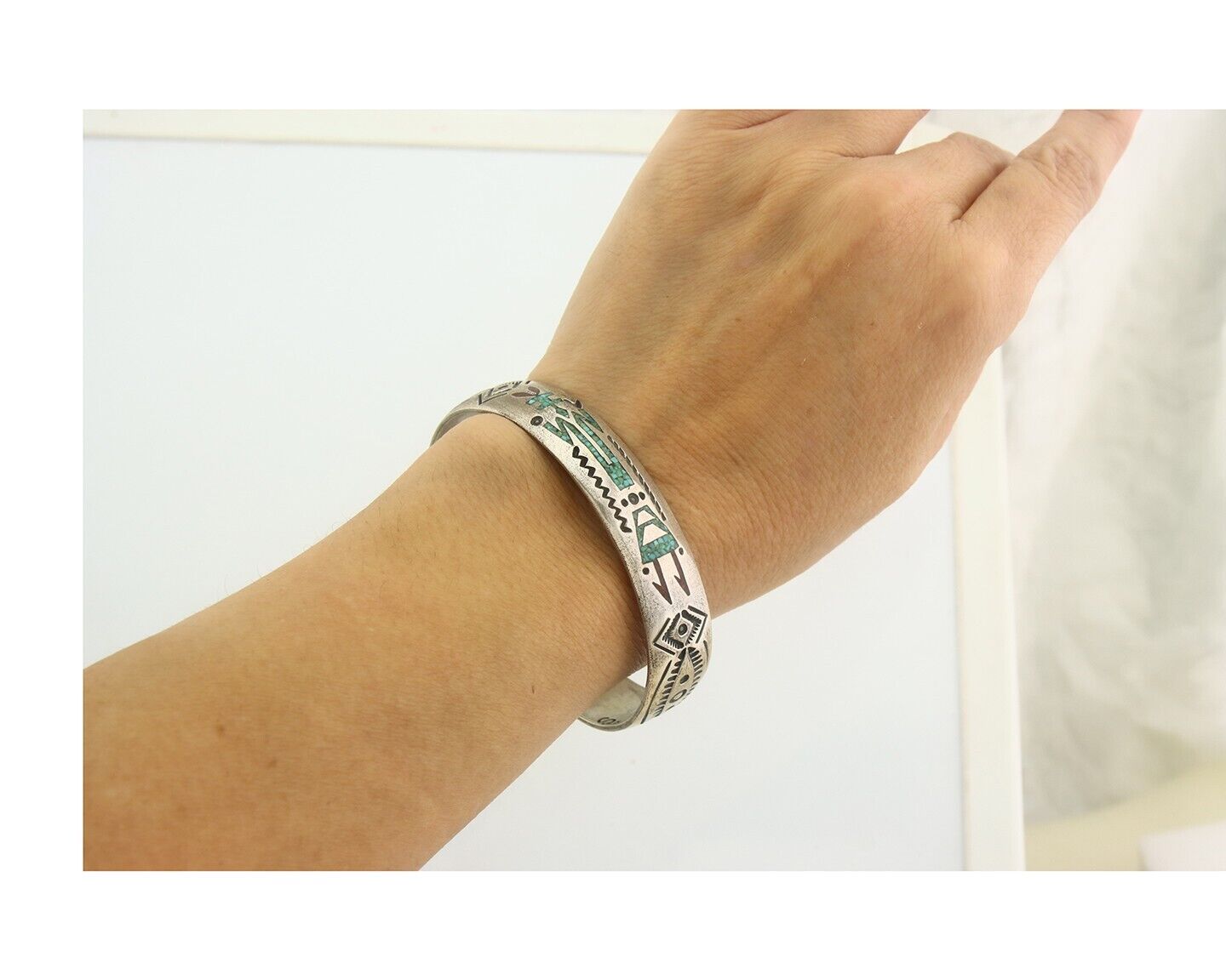 Navajo Bracelet 925 Silver Inlaid Turquoise Coral Artist Signed Stanley Bain C80