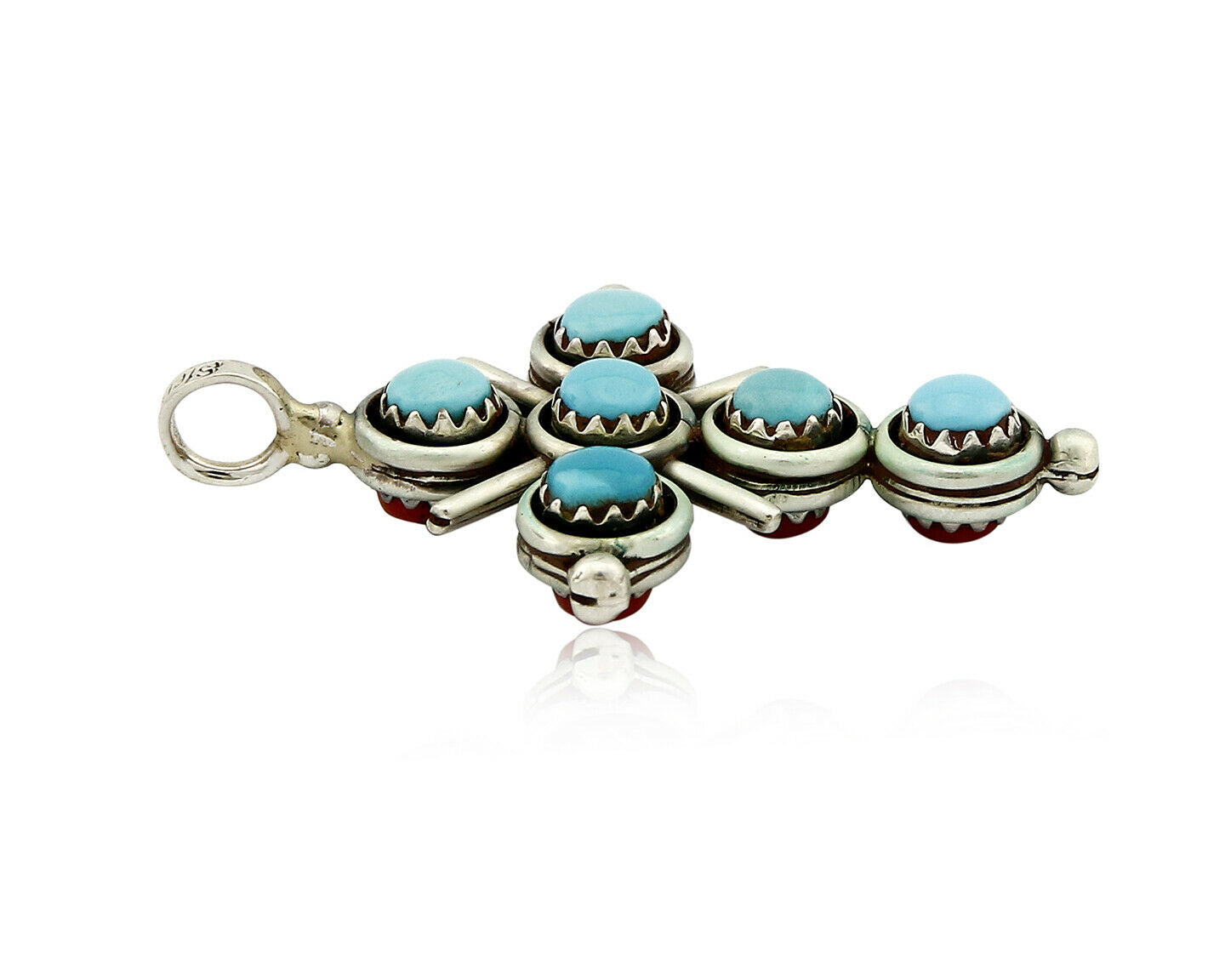 Zuni Natural Turquoise and Coral Reversible 925 Silver Handmade Pendant