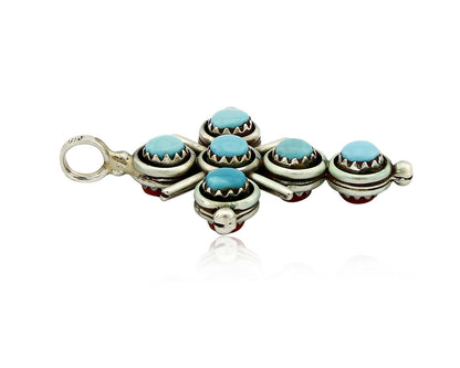 Zuni Natural Turquoise and Coral Reversible 925 Silver Handmade Pendant
