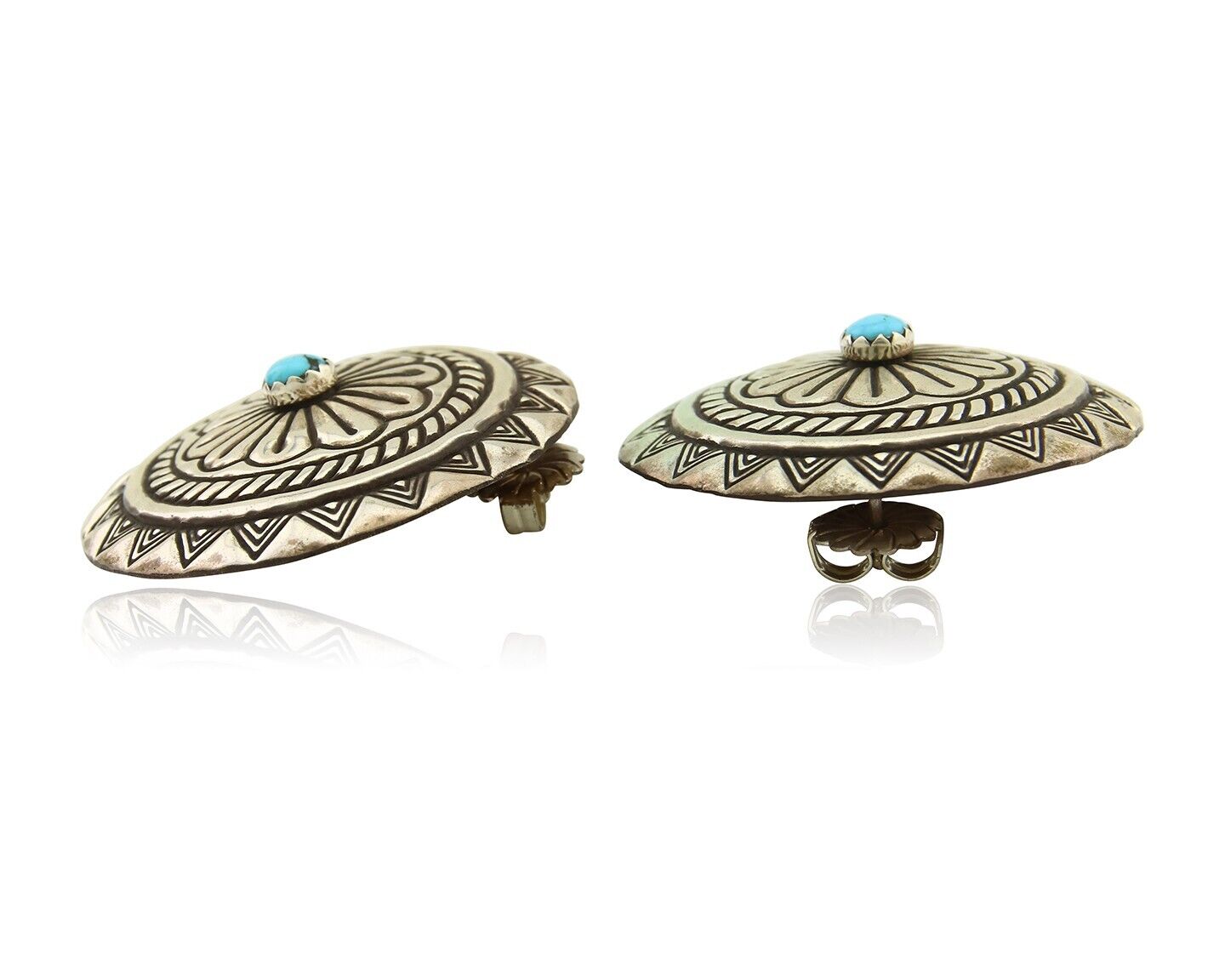 Navajo Earrings 925 Silver Concho Hand Stamped Turquoise Native Artist C.80's