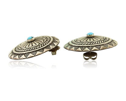 Navajo Earrings 925 Silver Concho Hand Stamped Turquoise Native Artist C.80's