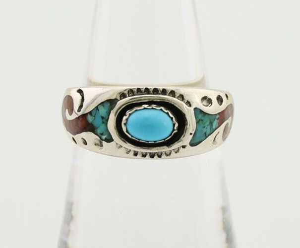 Navajo Ring 925 Silver Turquoise & Coral Natural American Artist C.80's