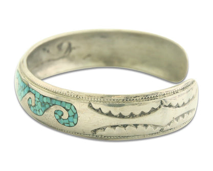 Navajo Bracelet 925 Silver Inlaid Turquoise Cuff Artist Signed LB C.80's