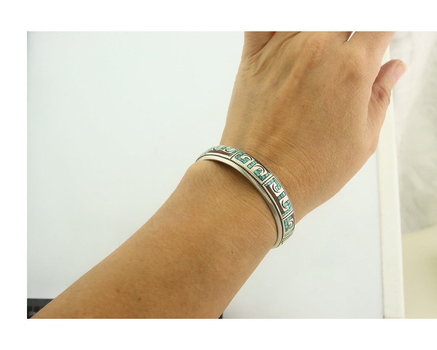 Navajo Bracelet 925 Silver Inlaid Coral Turquoise Cuff Artist Signed LB C.80's