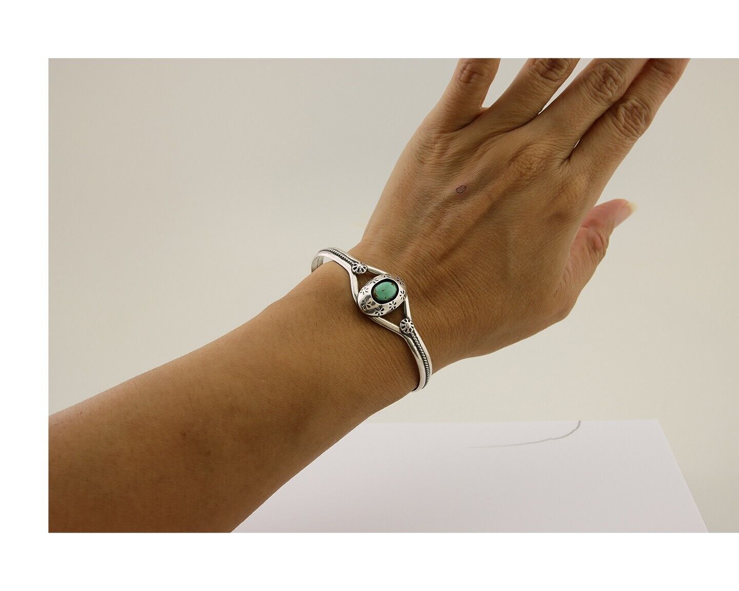 Navajo Hand Stamped Cuff Bracelet Turquoise 925 Silver Native American Artist