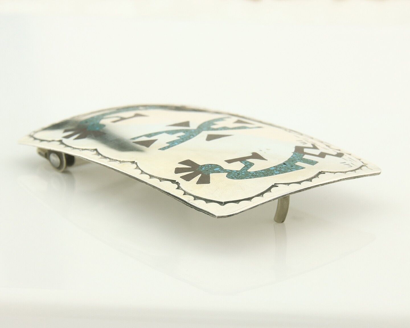 Vintage Navajo Belt Buckle 925 Silver Handmade Inlaid Gemstone Signed HB