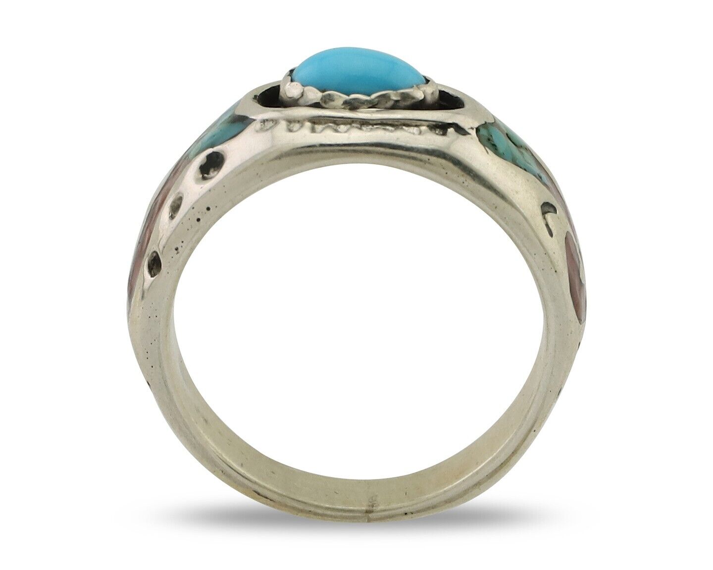 Navajo Ring 925 Silver Turquoise & Coral Natural American Artist C.80's