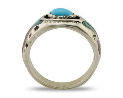 Navajo Ring 925 Silver Turquoise & Coral Natural American Artist C.80's