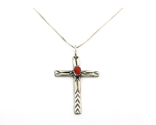 Navajo Cross Necklace Sterling Silver Coral Authentic Signed Arthur Williams