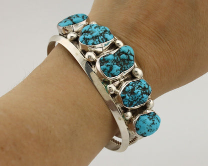 Navajo Bracelet 925 Silver Nugget Sleeping Beauty Turquoise Artist Signed JR C80