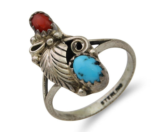 Navajo Handmade Ring 925 Silver Turquoise & Coral Native Artist C.80's