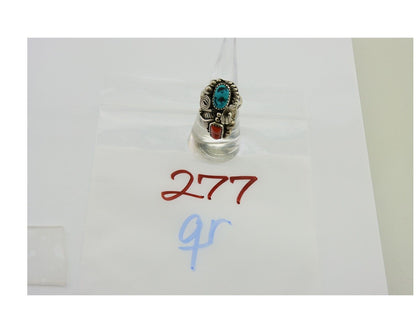 Navajo Handmade Ring 925 Silver Coral & Turquoise Native Artist C.80's