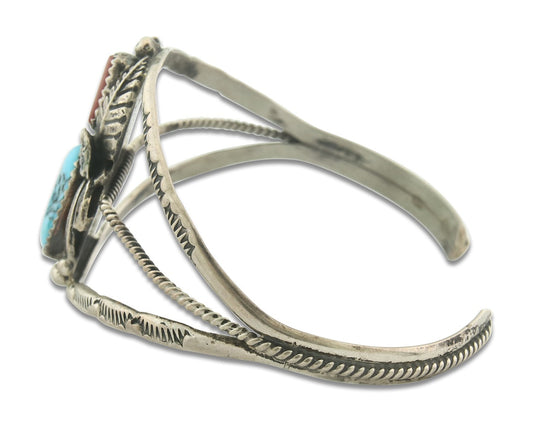 Vintage Navajo Bracelet 925 Silver Red Coral Turquoise Signed SC