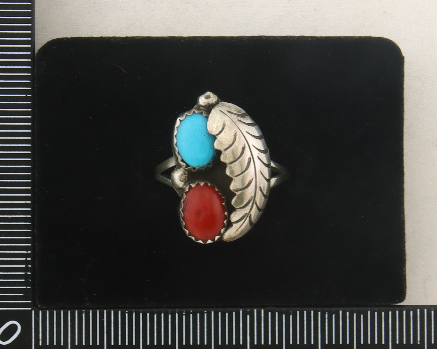 Navajo Ring 925 Sterling Natural Coral & Turquoise Signed BB C.80's Size 7.0