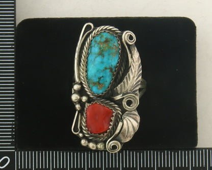 Navajo Ring 925 Sterling Natural Coral & Turquoise Signed JM C.80's Size 9.0