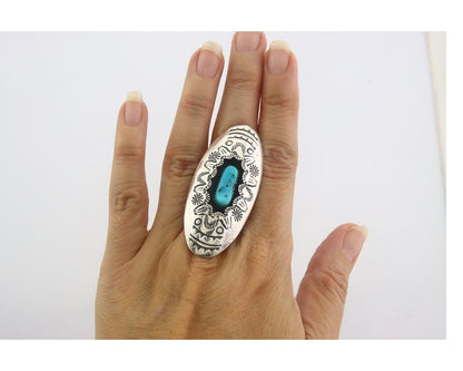 Navajo Ring 925 Sterling Turquoise Hand Stamped Signed J Martinez C.80's Sz 7.5