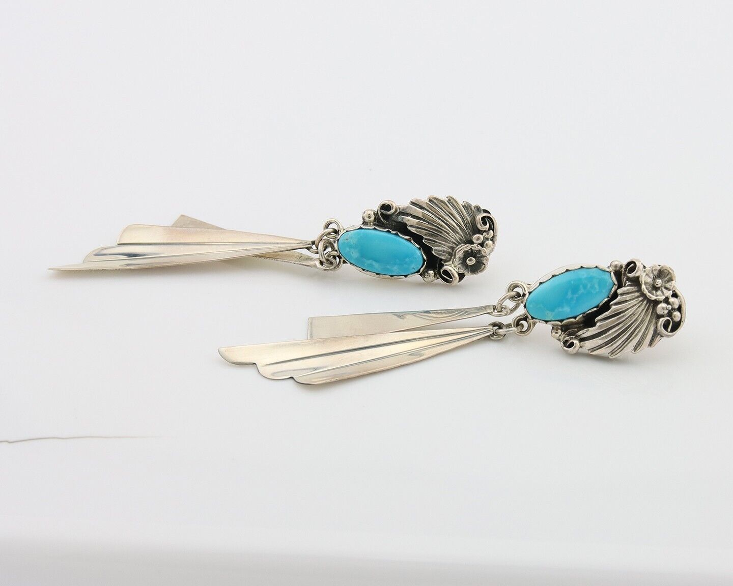 Navajo Dangle Earrings 925 Silver Natural Blue Turquoise Artist Signed M.S. C80s