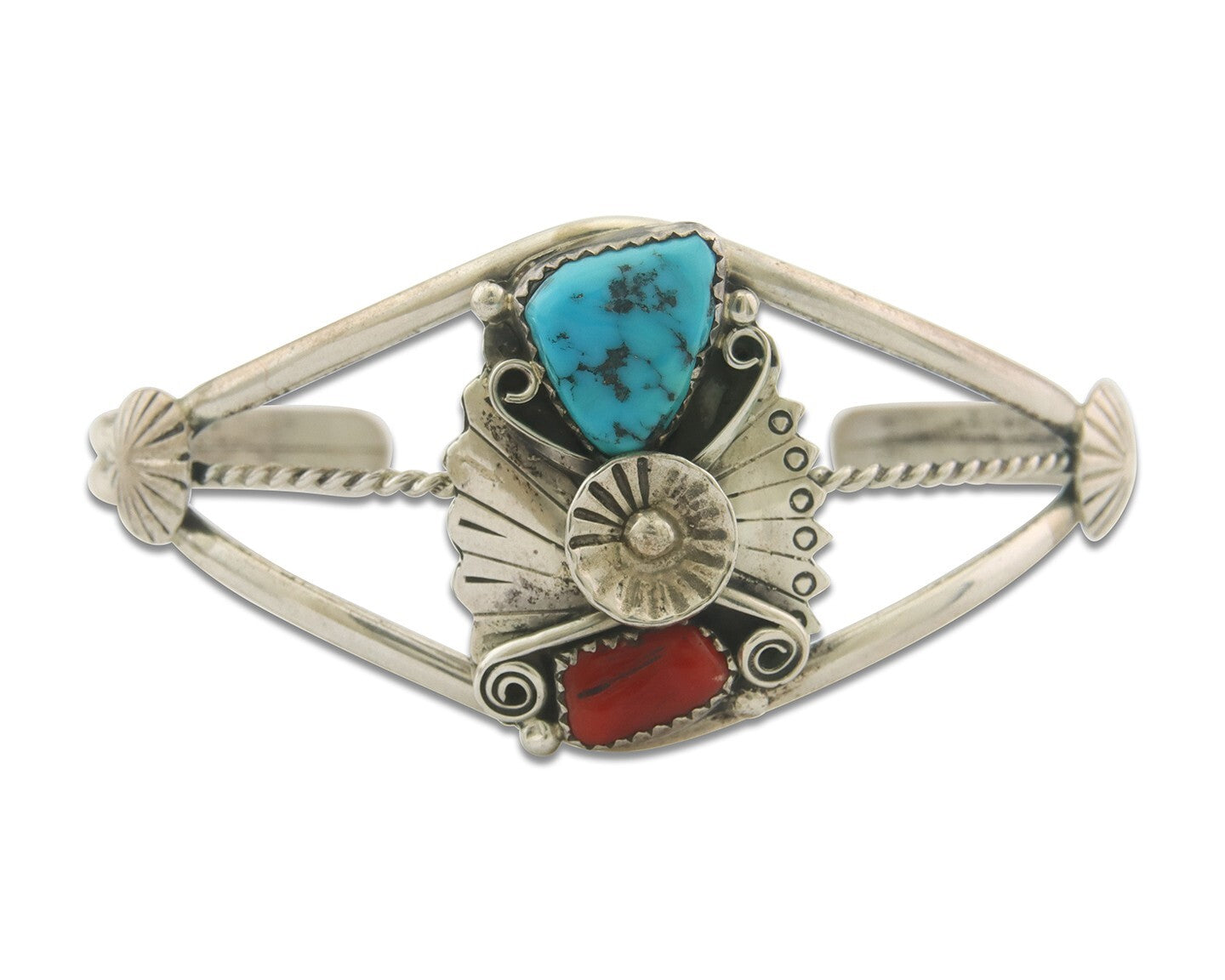 Navajo Bracelet 925 Silver Coral & Turquoise Cuff Signed AR Arrow C.80's