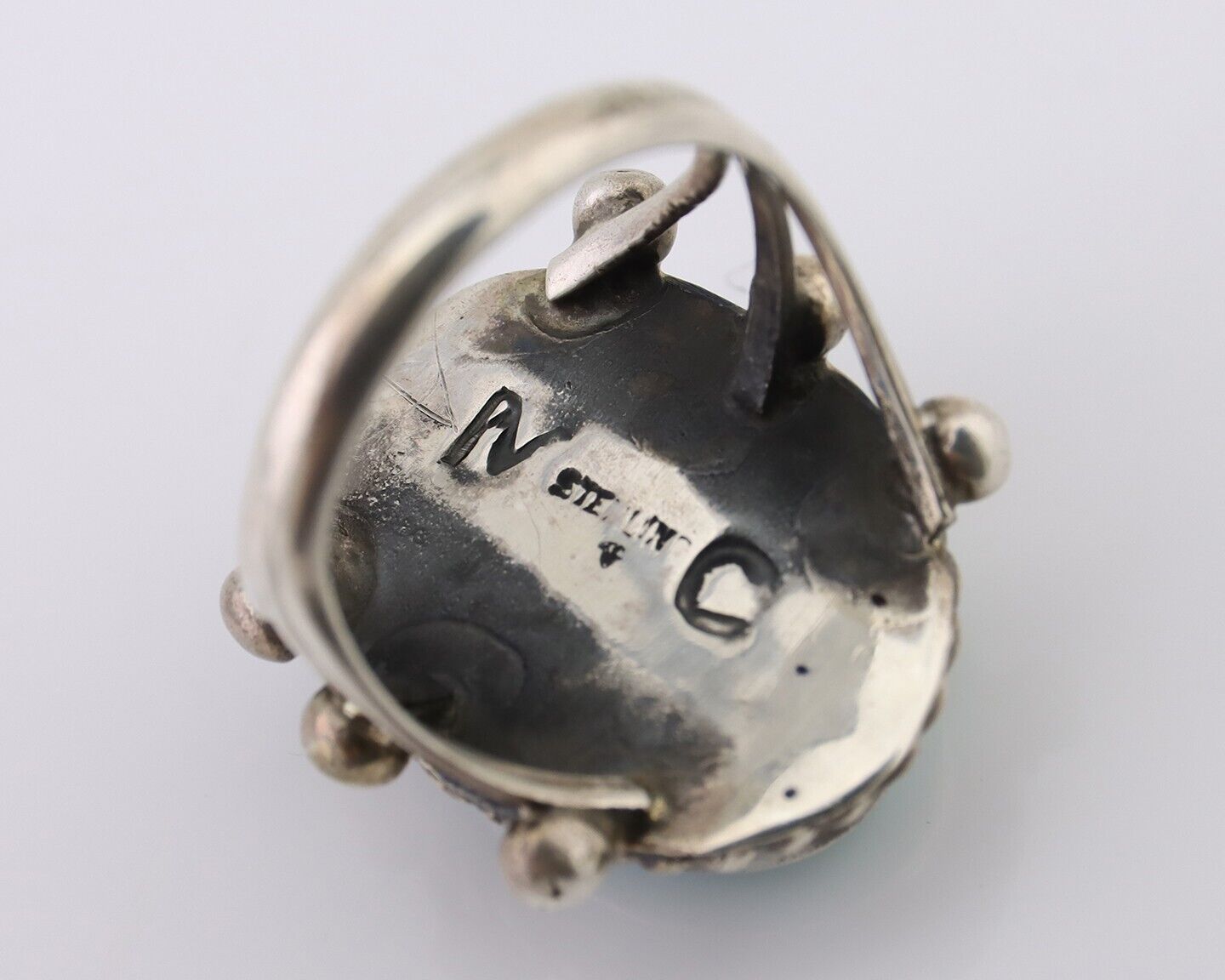 Navajo Ring 925 Silver Natural Blue Turquoise Artist Signed MC C.80's