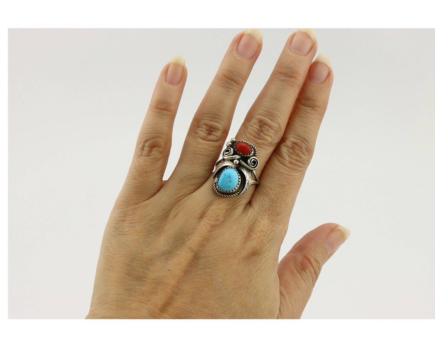 Navajo Ring 925 Silver Blue Turquiose & Coral Artist Signed Justin Morris C.80's