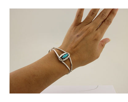 Navajo Hand Stamped Cuff Bracelet Turquoise 925 Silver Artist Signed IJC C.80's