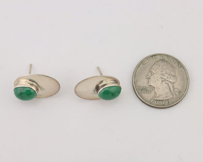 Navajo Shield Earrings 925 Silver Natural Malachite Signed Ella Peters C.80's