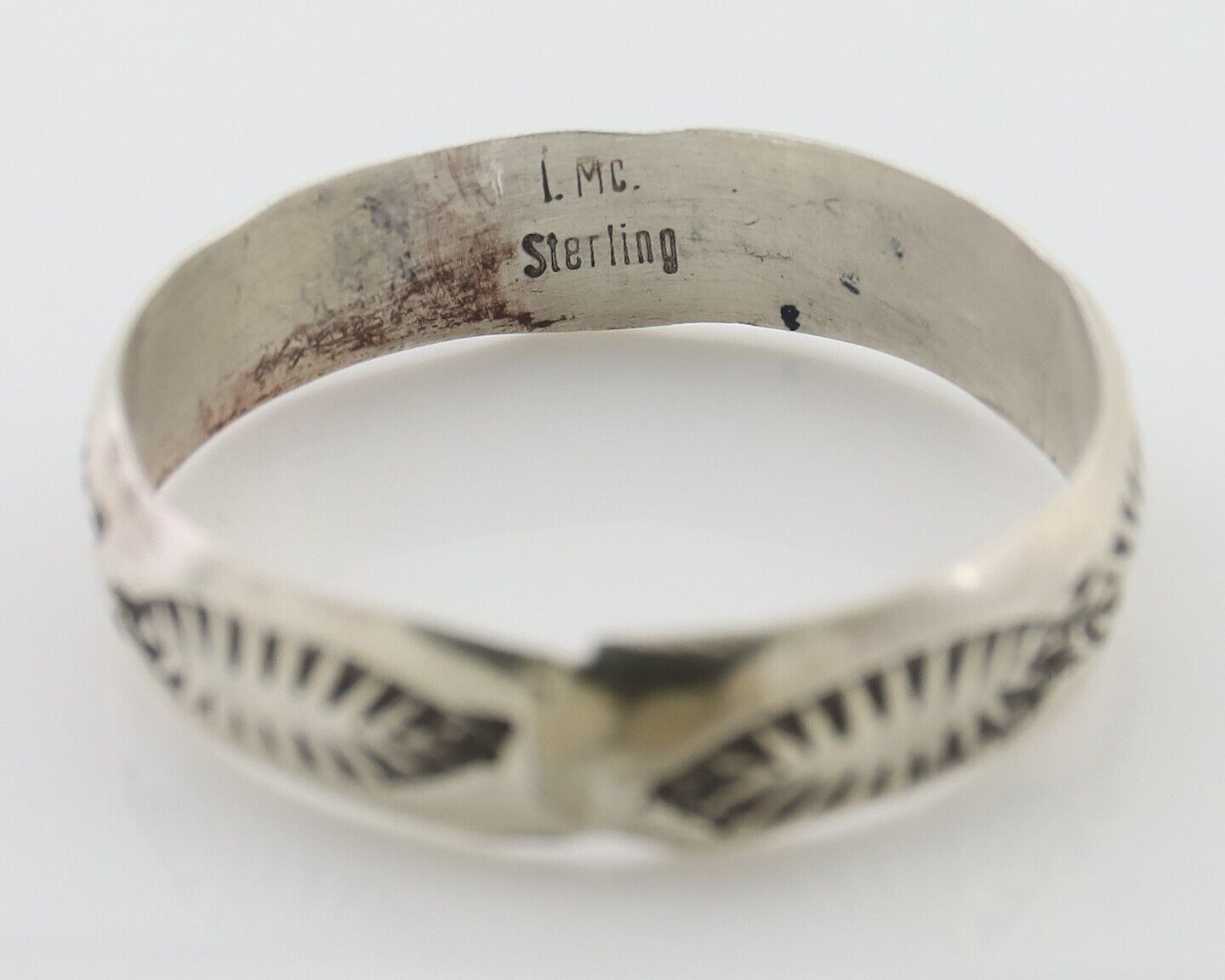 Navajo Hand Stamped Band 925 Silver 5.0 mm Signed Larry Chavez Size 9.75 C.80's
