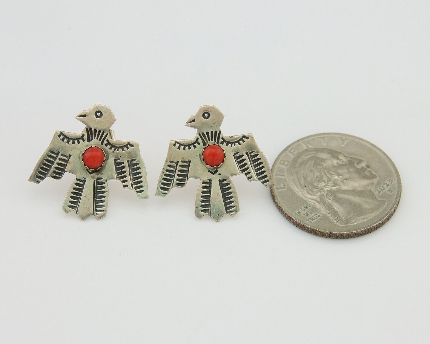 Navajo Thunderbird Earrings 925 Silver Natural Red Coral Native Artist C.80's