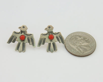 Navajo Thunderbird Earrings 925 Silver Natural Red Coral Native Artist C.80's
