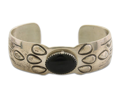 Navajo Bracelet 925 Silver Natural Onyx Cuff Artist Signed HRM C.80's