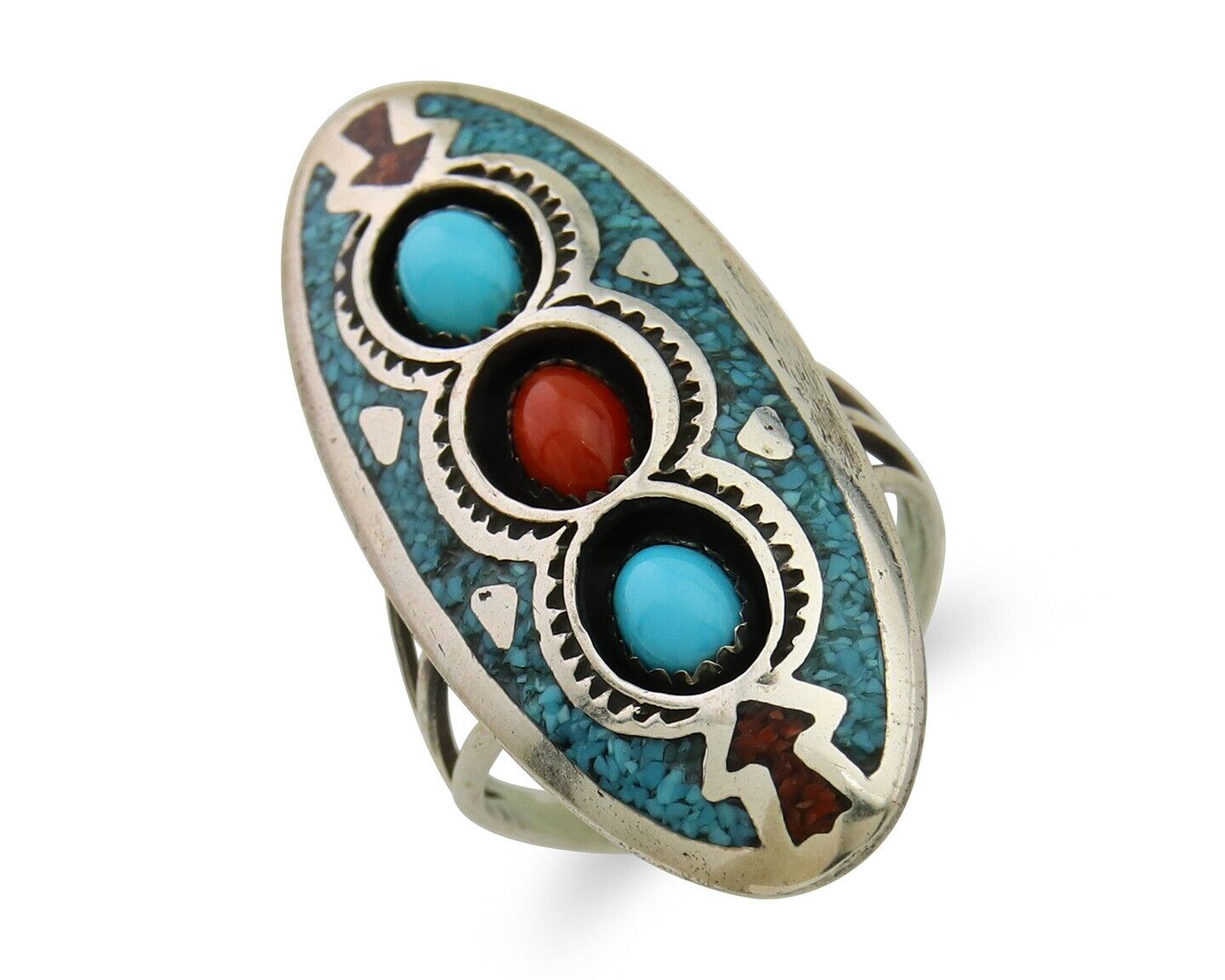 Navajo Handmade Ring 925 Silver Coral & Turquoise Signed Circle JW C.80's