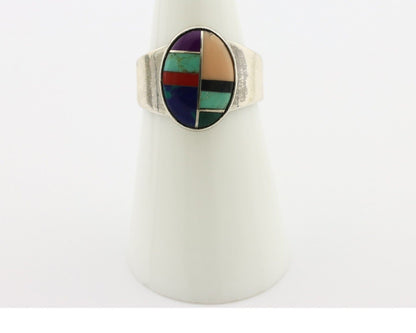 Zuni Inlaid Ring 925 Silver Mixed Natural Gemstones Native American Artist C.80s