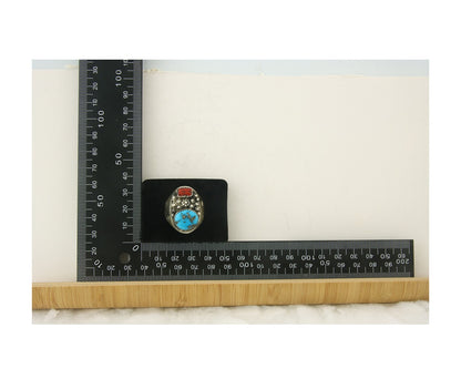 Men Heavy Navajo Ring 925 Sterling Natural Coral & Turquoise C.80's Size 11