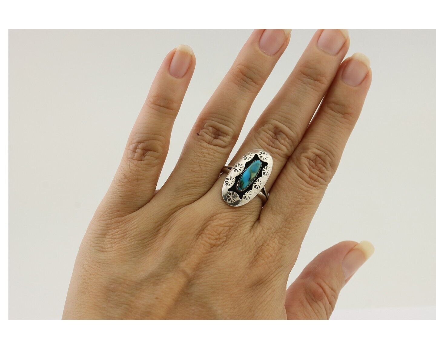 Navajo Ring 925 Silver Natural Blue Turquoise Signed IJC C.80's